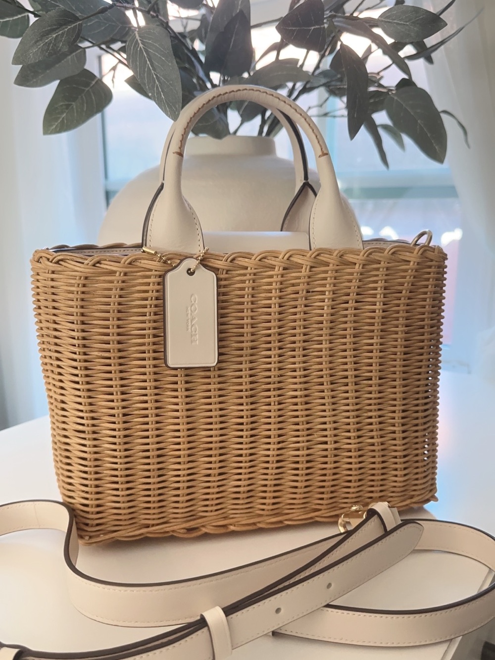 Coach Wicker Rattan Tote with Cream Leather Handles Like New! - Picture 3 of 6
